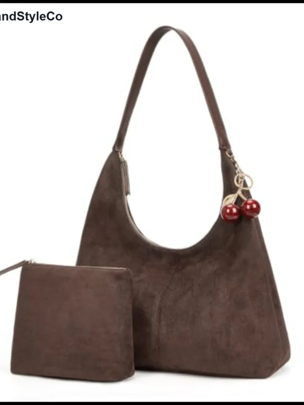 Slouchy Hobo Bag Faux Suede Purse Large Shoulder Bag with Cherry Charm